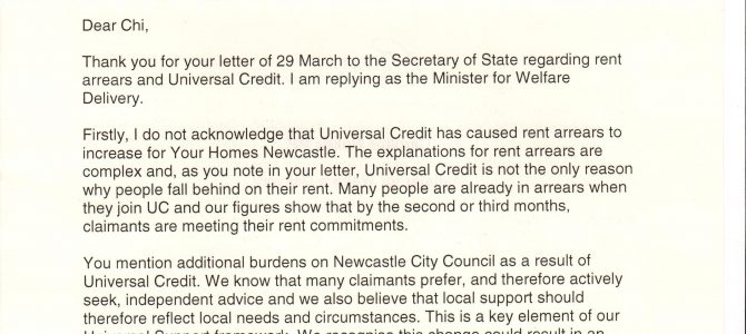 Ministers response to Universal Credit and growing rent arrears