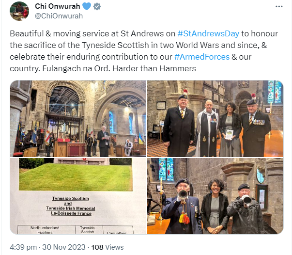 Beautiful & moving service on St Andrews Day to honour the sacrifice of the Tyneside Scottish in two World Wars and since, & celebrate their enduring contribution to our Armed Forces & our country.