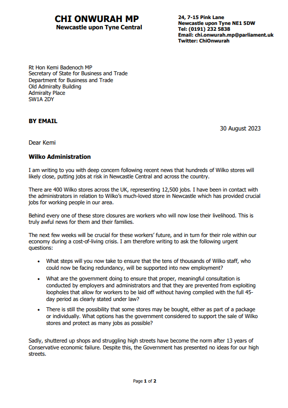 Letter to Business Secretary regarding Wilko